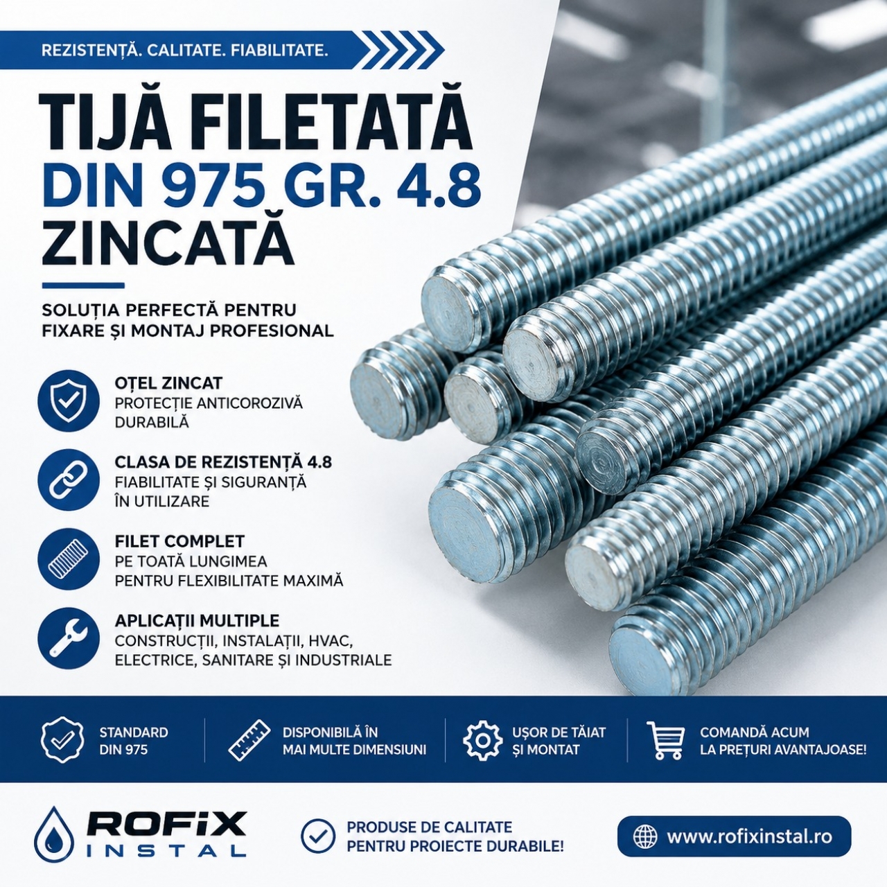 Tija Filetata DIN 975 Gr. 4.8 Zincata – Pentru Fixare si Montaj