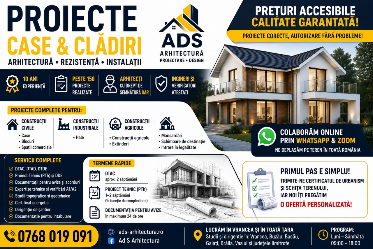 Proiecte Case, DTAC, Proiect Tehnic, Arhitect și Rezistență | Vrancea 