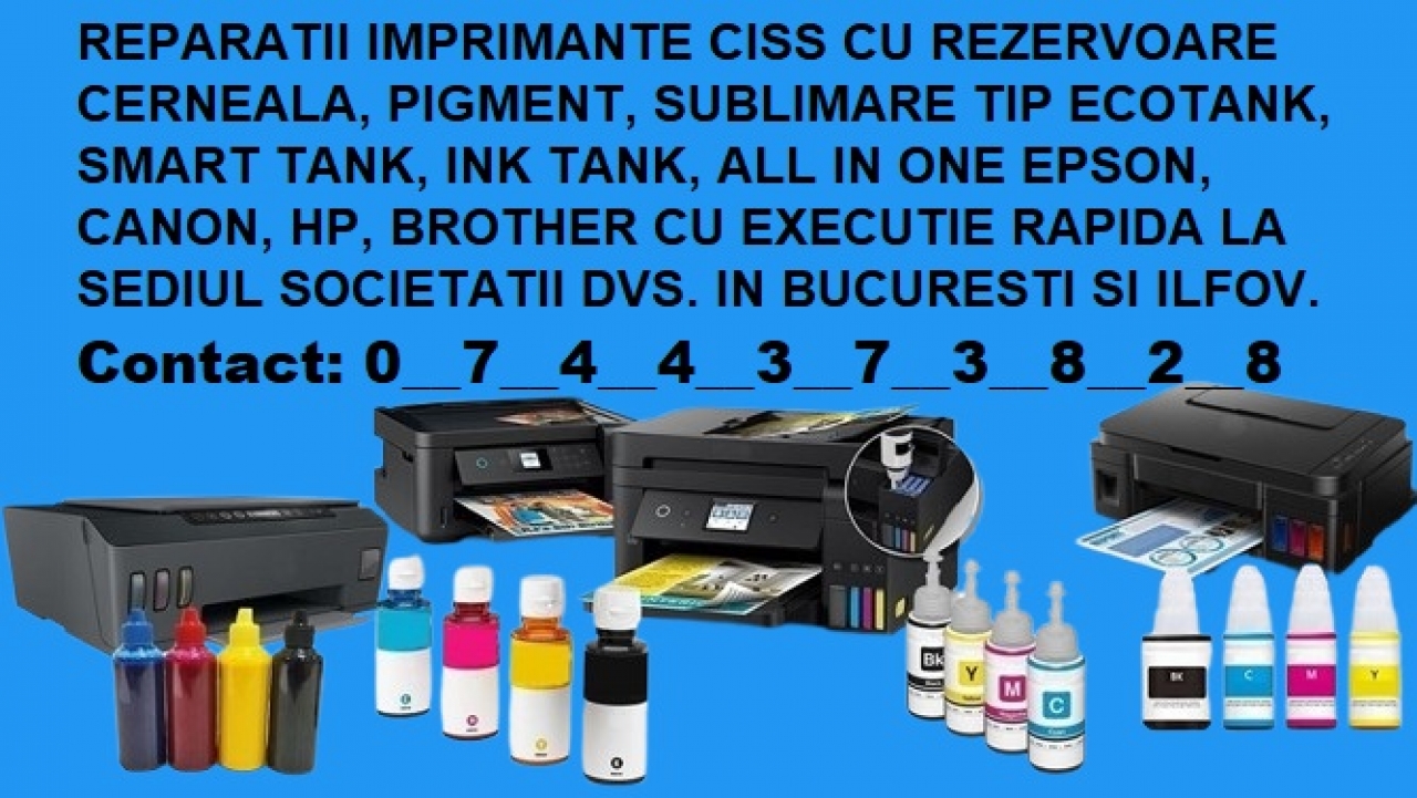 Reparam imprimante rezervoare si livrare flacoane ink in Bucuresti si 