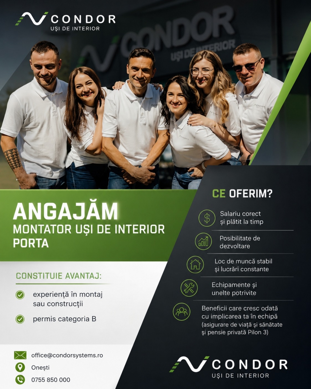 ANGAJĂM MONTATOR UȘI DE INTERIOR PORTA & MONTATOR TÂMPLĂRIE PVC 